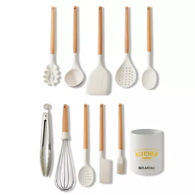 Set 10 ustensile de bucatarie Karemi, din silicon termorezistent si maner lemn, alb