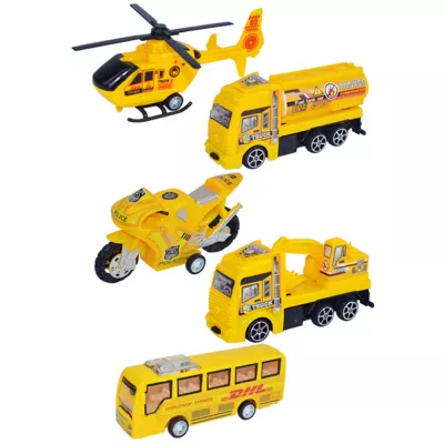 Set 5 masinute Karemi, seria de inginerie in constructii, cu elicopter, motocicleta, autobuz, cisterna, excavator, galbene