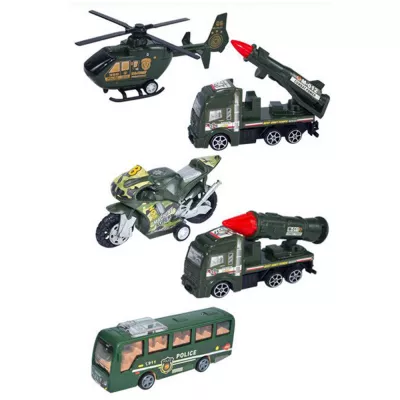 Set 5 masinute Karemi, seria fortelor militare, cu elicopter, motocicleta, autobuz politie, masini de lupta, verzi