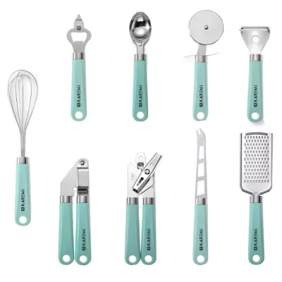 Set 9 ustensile de bucatarie Karemi, din otel inoxidabil si maner din silicon termorezistent, nuanta mint