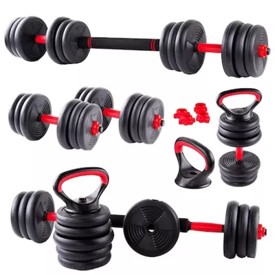 Set gantere reglabile kettlebell Karemi, 6 in 1, 30 kg, cu o multitudine de combinatii, negru cu rosu
