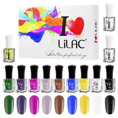 Set lac de unghii, Lilac, Gel Effect 3, 12 bucati, 9 culori, base coat, top coat, ulei de cuticule