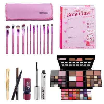 Kit makeup Shimmer Beauty, cu trusa farduri si set 12 pensule machiaj