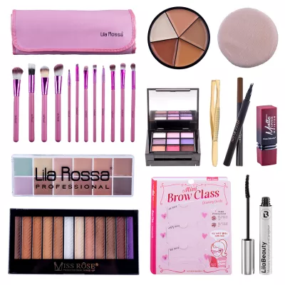Kit makeup Total Beauty, cu trusa farduri si set 12 pensule machiaj