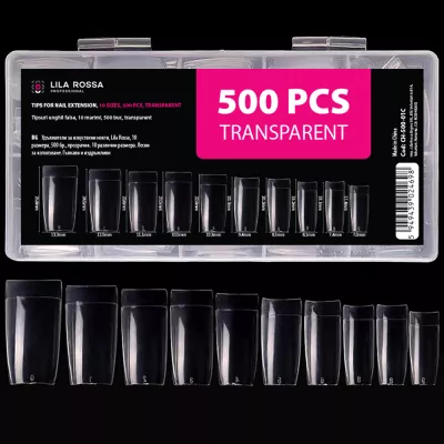 Tipsuri unghii false, 500 buc, 10 marimi, Lila Rossa, Transparent