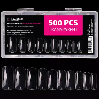 Tipsuri unghii false, 500 buc, 10 marimi, Lila Rossa, Transparent