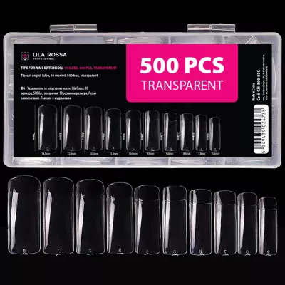 Tipsuri unghii false, 500 buc, 10 marimi, Lila Rossa, Transparent
