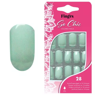 Tipsuri unghii false color press-on, So Chic Colored Nails, Mint High Gloss, Fingrs, 28 buc. + lipici unghii false + pila unghii + betisor bambus 