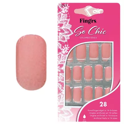 Tipsuri unghii false color press-on, So Chic Colored Nails, Pink High Gloss, Fingrs, 28 buc. +lipici unghii false + pila unghii + betisor portocal