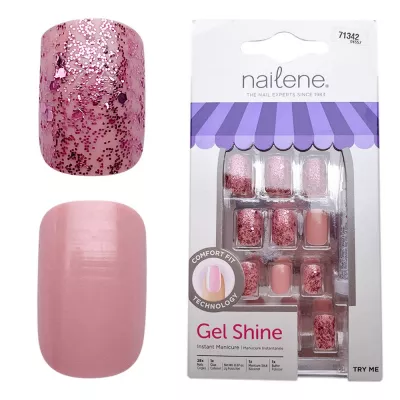 Tipsuri unghii false color press-on, Gel shine PINK glitter, 28 buc + lipici unghii + pila unghii + betisor portocal