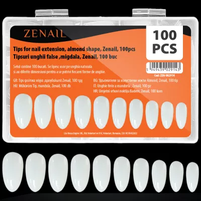 Tipsuri unghii false migdala, Zenail, 100 buc, Natur, cu lipici inclus