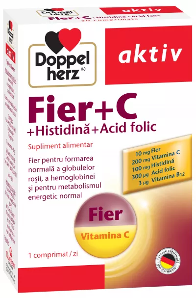 Doppelherz aktiv Fier + Vitamina C + Histidina + Acid Folic x 30 comprimate
