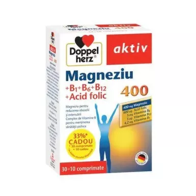 Doppelherz Magneziu 400mg + B1 + B12 + Acid folic x 30 tablete + 10 tablete cadou