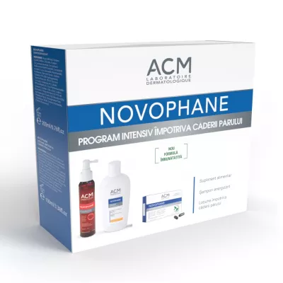 Pachet ACM Novophane Sampon energizant x 200ml + Lotiune impotriva caderii parului x 100ml + Capsule Par si Unghii x 60 comprimate