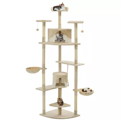 Ansamblu pisici cu stâlpi din funie sisal, 203 cm, bej și alb