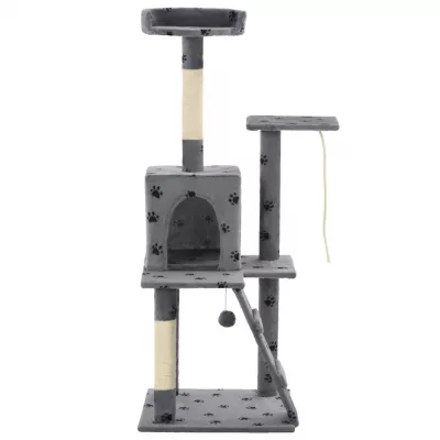 Ansamblu pisici, stâlpi funie sisal 120 cm, gri imprimeu lăbuțe