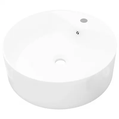 Bazin chiuvetă ceramică baie cu gaură robinet/preaplin, rotund, alb