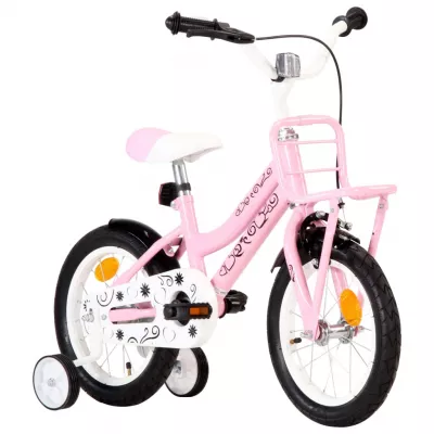 Bicicletă copii cu suport frontal, alb și roz, 14 inci