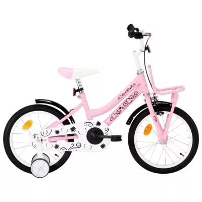 Bicicletă copii cu suport frontal, alb și roz, 16 inci
