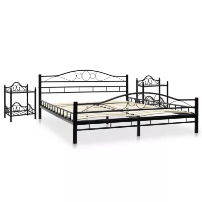 Cadru de pat cu 2 noptiere, negru, 180 x 200 cm, metal