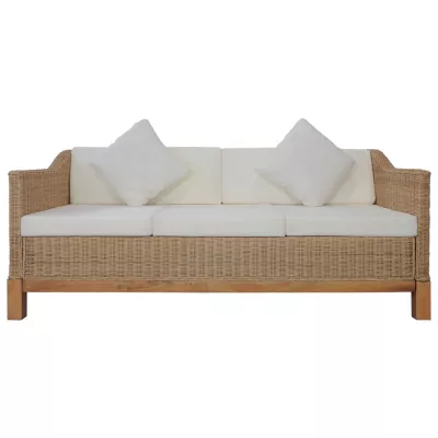 Canapea cu 3 locuri cu perne, culoarea naturală, ratan