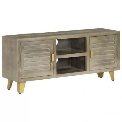 Comodă TV, gri, 110x30x48 cm, lemn masiv mango & alamă