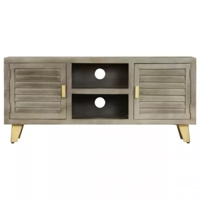 Comodă TV, gri, 110x30x48 cm, lemn masiv mango & alamă
