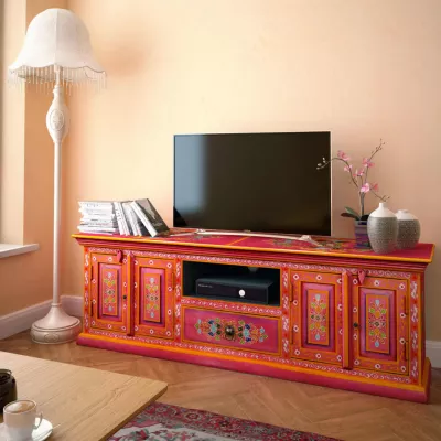 Comodă TV, lemn masiv de mango, pictată manual, roz
