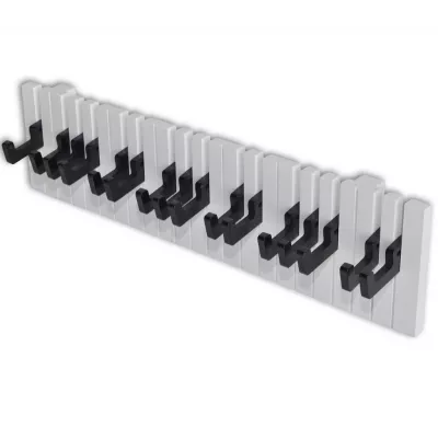 Cuier de perete cu design claviatură de pian cu 16 cârlige negre
