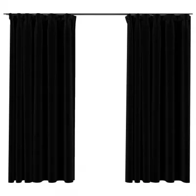Draperii opace aspect in, cârlige, 2 buc., negru, 140 x 175 cm
