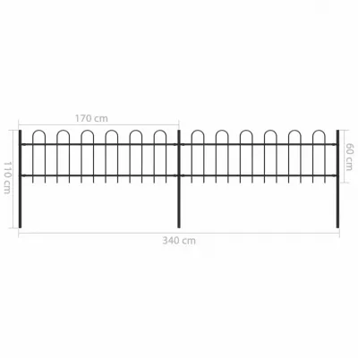 Gard de grădină cu vârf curbat, negru, 3,4 x 0,6 m, oțel