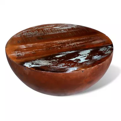 Măsuță cafea, formă de bol, bază din oțel, lemn masiv reciclat