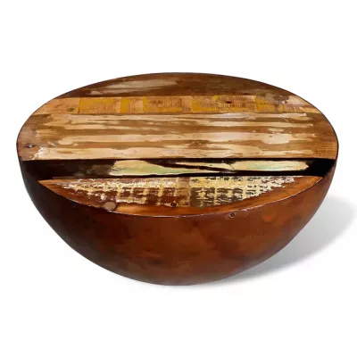 Măsuță cafea, formă de bol, bază din oțel, lemn masiv reciclat