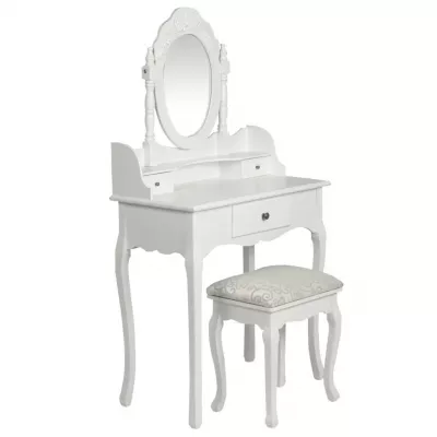 Masă de toaletă cu oglindă și taburet, alb