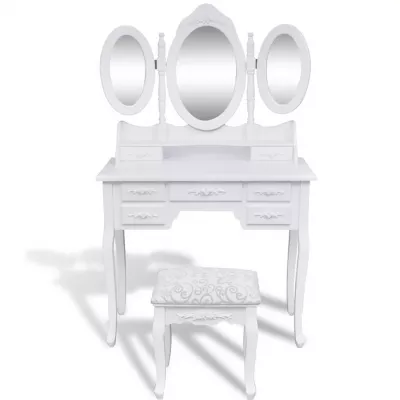 Masă de toaletă cu taburet și 3 oglinzi, alb