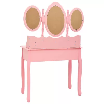 Masă de toaletă cu taburet și triptic oglinzi, roz