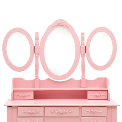 Masă de toaletă cu taburet și triptic oglinzi, roz