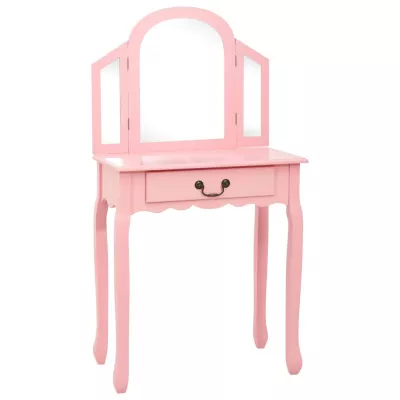 Masă toaletă cu taburet, roz, 65x36x128 cm, lemn paulownia, MDF