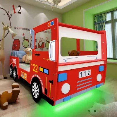 Pat pentru copii, LED, model mașină pompieri, saltea 200x90 cm