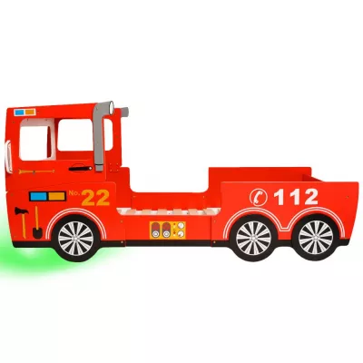 Pat pentru copii, LED, model mașină pompieri, saltea 200x90 cm