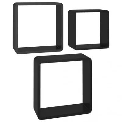 Rafturi de perete cub, 3 buc., negru, MDF