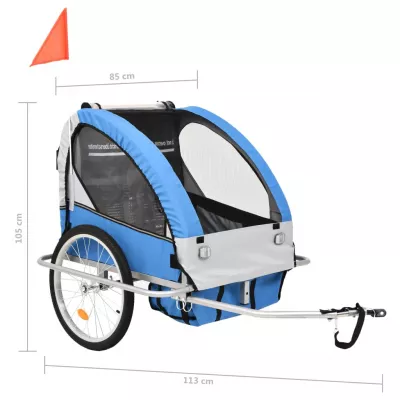 Remorcă bicicletă &amp; cărucior copii 2-in-1, Albastru și Gri