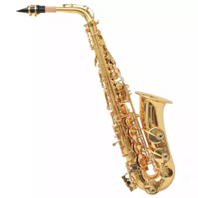 Saxofon din alamă galbenă cu luciu auriu