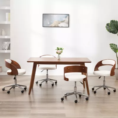 Scaune pivotante de masă, 4 buc., alb, lemn curbat & piele eco