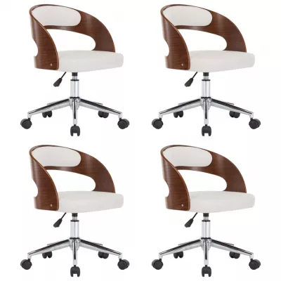 Scaune pivotante de masă, 4 buc., alb, lemn curbat & piele eco