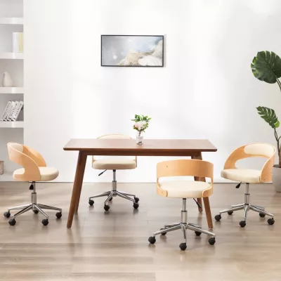 Scaune pivotante de masă, 4 buc., crem, lemn curbat & piele eco