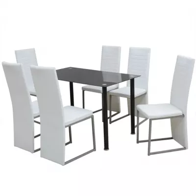 Set masă și scaune de bucătărie, alb și negru, 7 piese