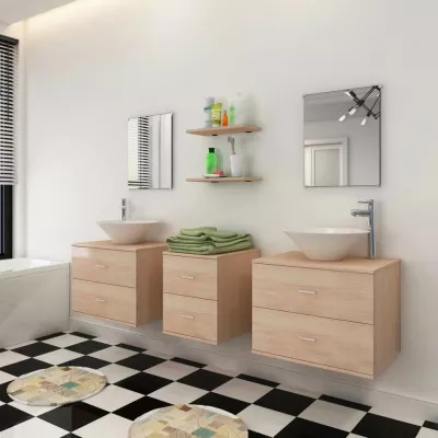 Set mobilier baie format din 7 piese cu chiuvete incluse, Bej