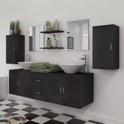 Set mobilier baie format din 9 piese cu chiuvete incluse, Negru