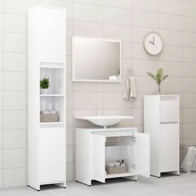 Set mobilier de baie, 3 piese, alb extralucios, PAL